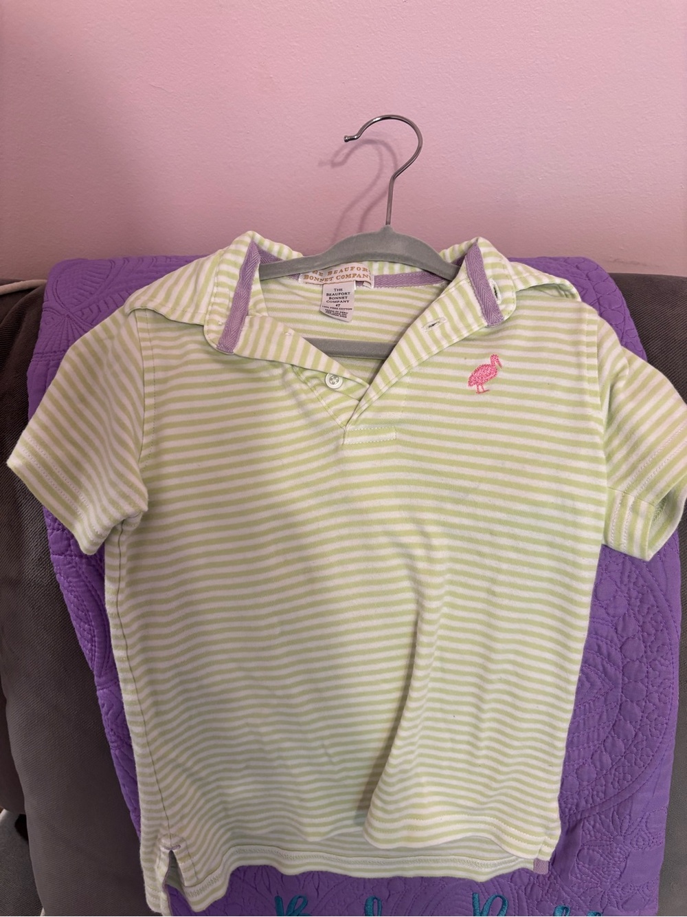 TBBC Green Striped Polo Shirt with Pink Logo